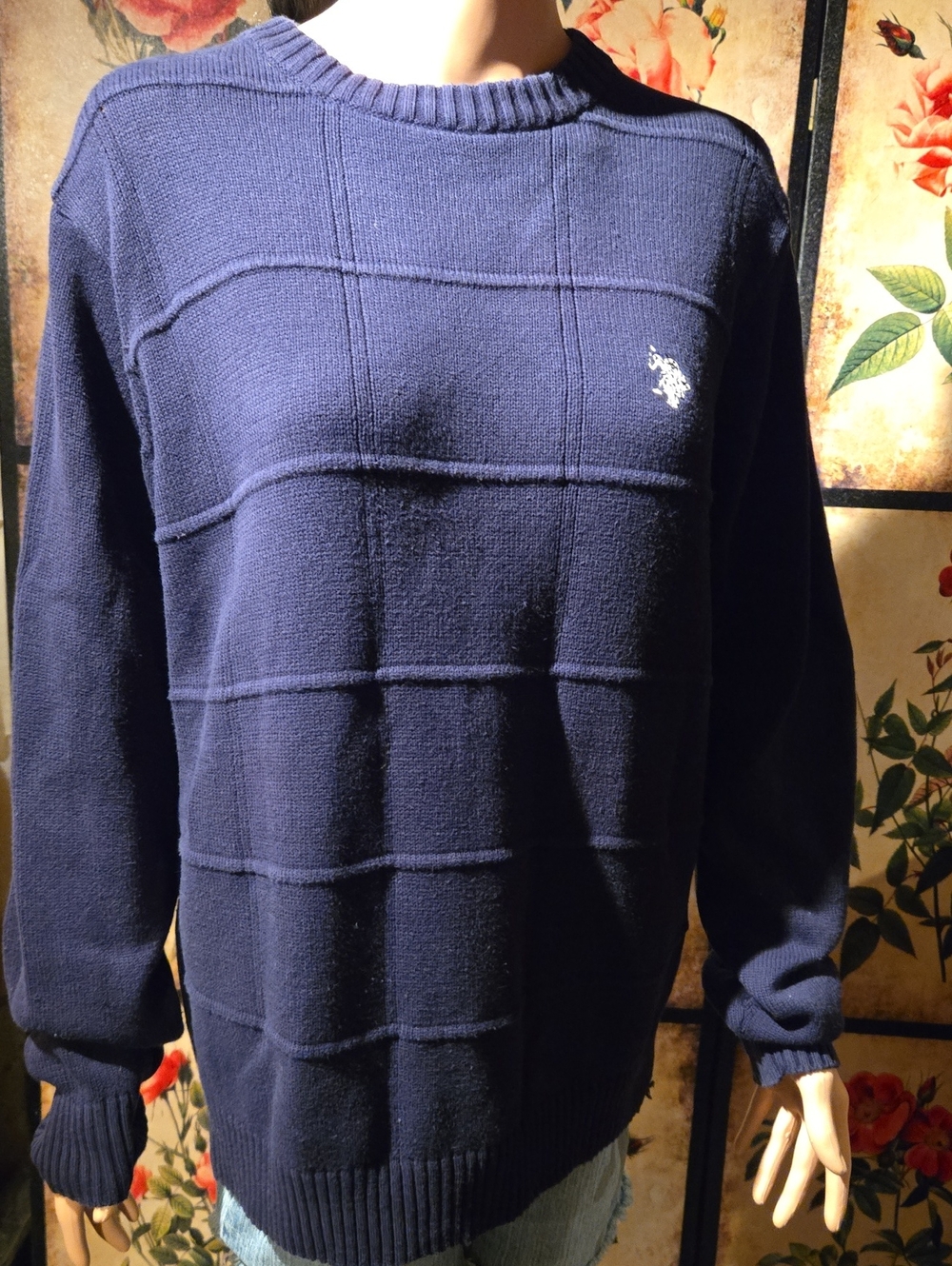 Navy Crewneck Polo Sweater with Subtle Grid Texture Large: E